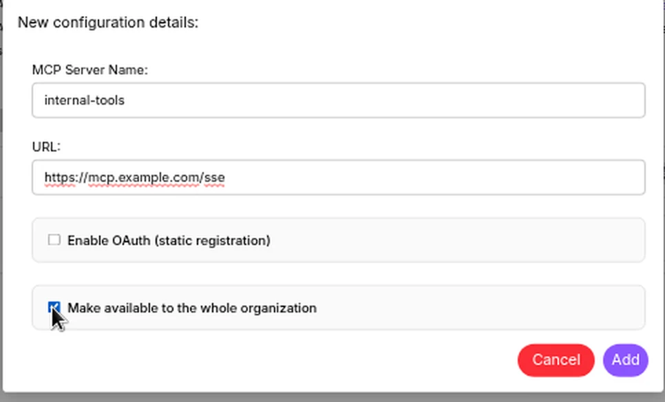 MCP Server Configuration form with the 'Make available to the whole organization' checkbox selected