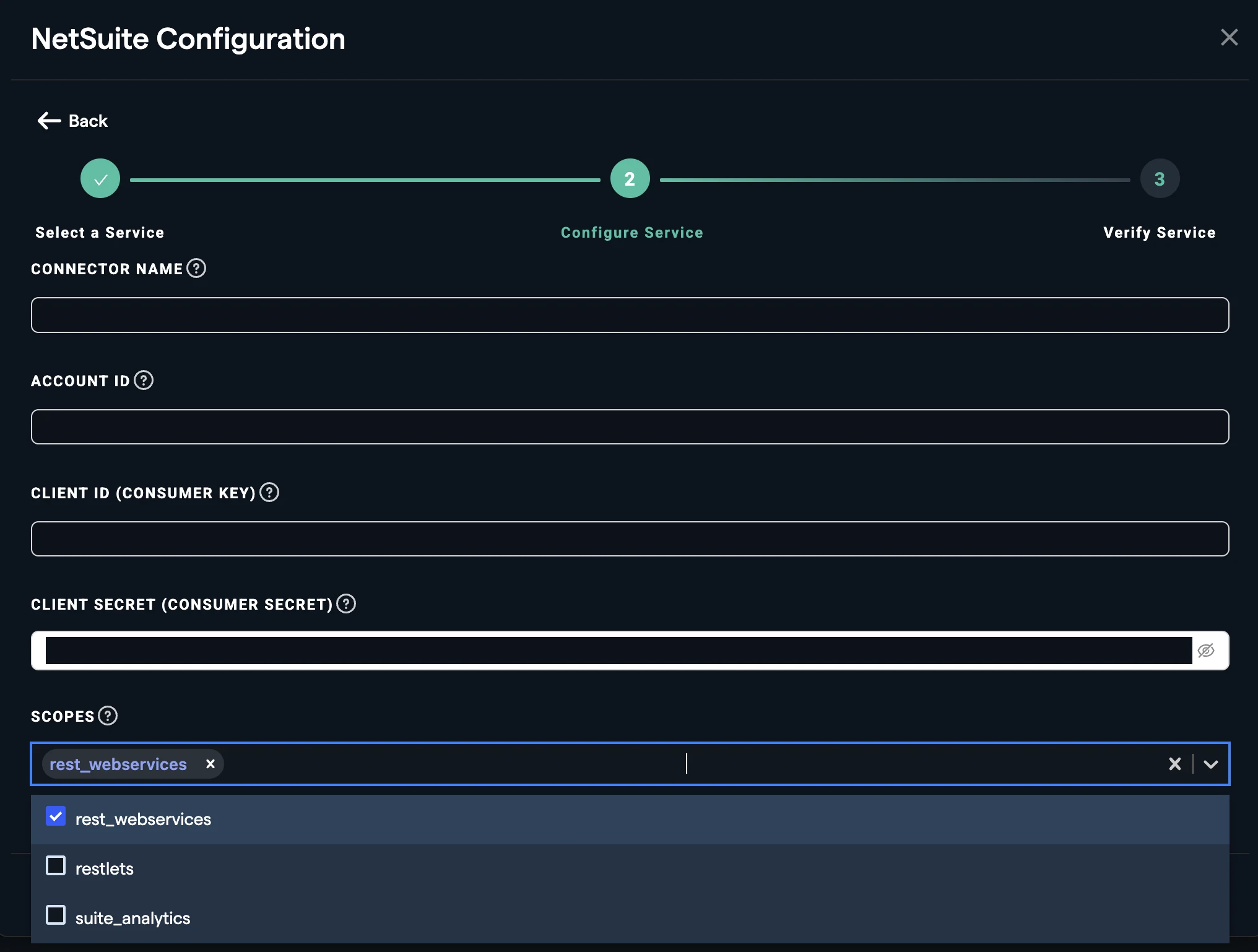 NetSuite Configuration form with Connector Name, Account ID, Client ID, Client Secret and Scopes